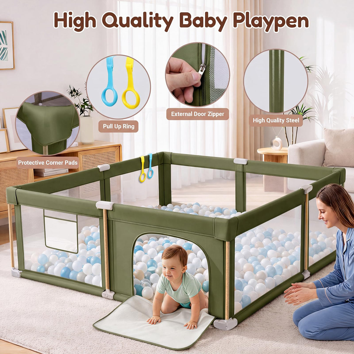 Foldable Baby Playpen with Mat, Breathable Mesh Green 71"×59" P381515