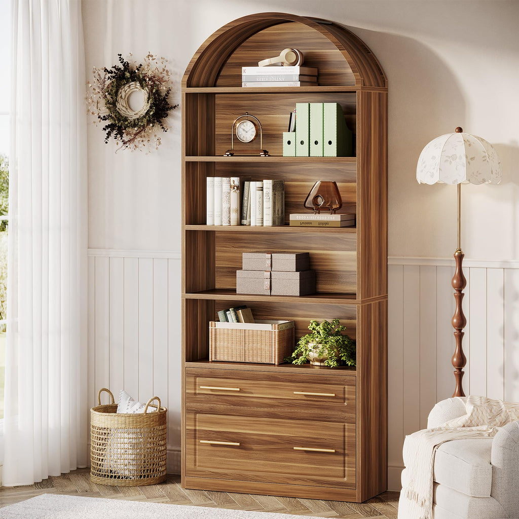 76.8" Tall Arched Bookcase with File Cabinet Drawer, Walnut Brown Y6349