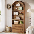76.8" Tall Arched Bookcase with File Cabinet Drawer, Walnut Brown Y6349