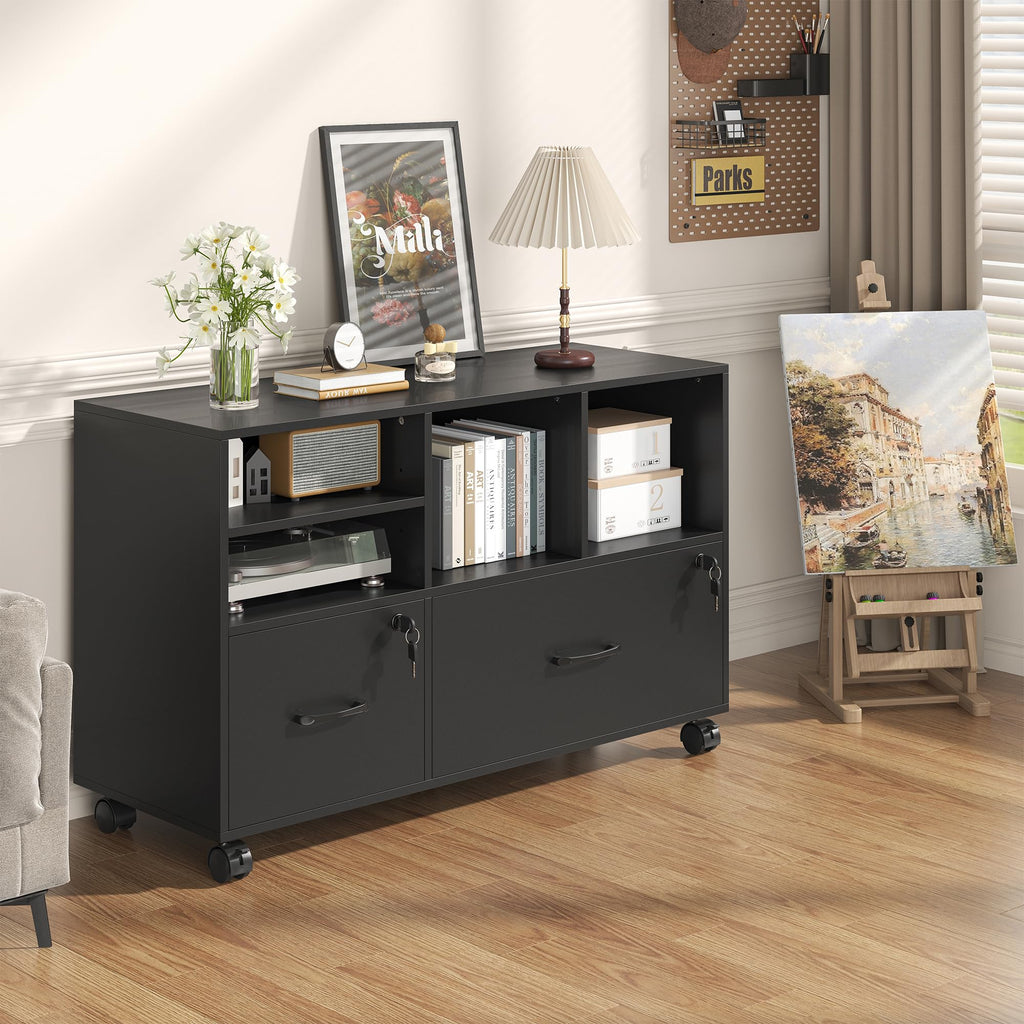 2 Drawer Wood Mobile Lateral File Cabinet with Storage Shelves, Black G8038