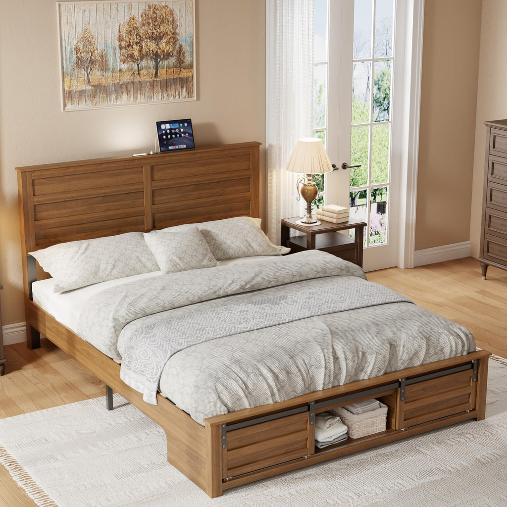 Queen Size Wooden Bed Frame with Headboard and Storage Footboard D10431