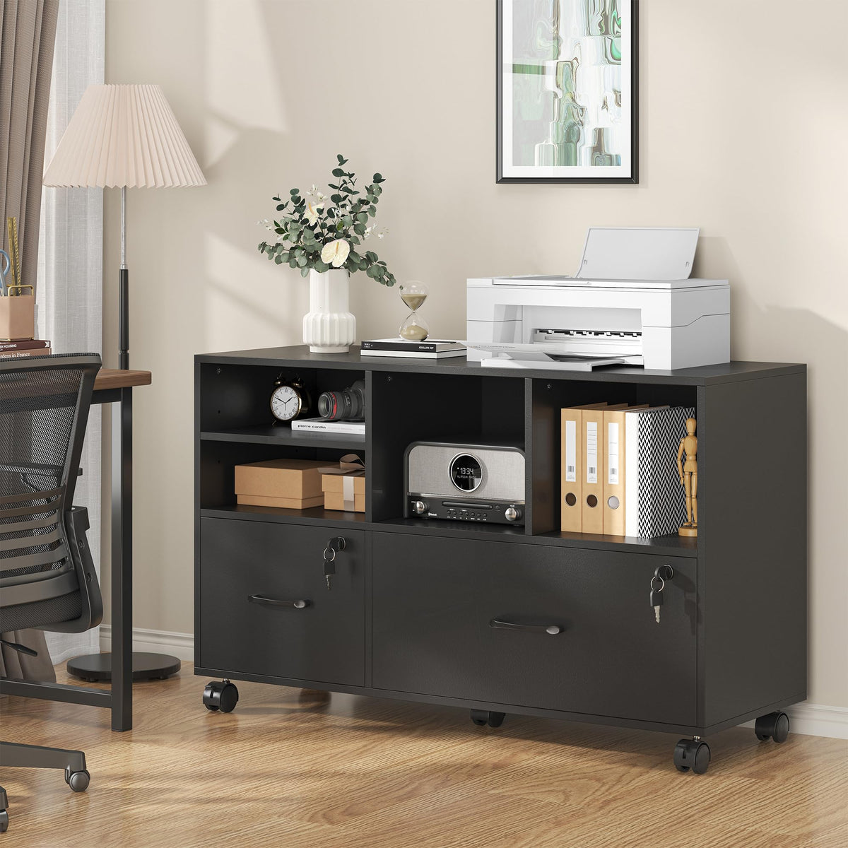 2 Drawer Wood Mobile Lateral File Cabinet with Storage Shelves, Black G8038