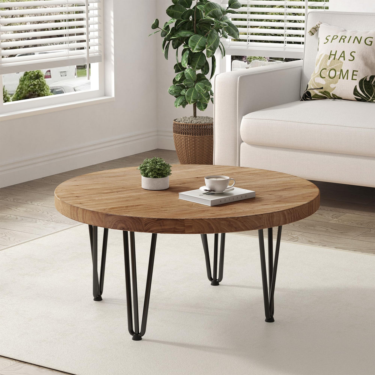 Rustic Wood Round Coffee Table with Metal Legs B658