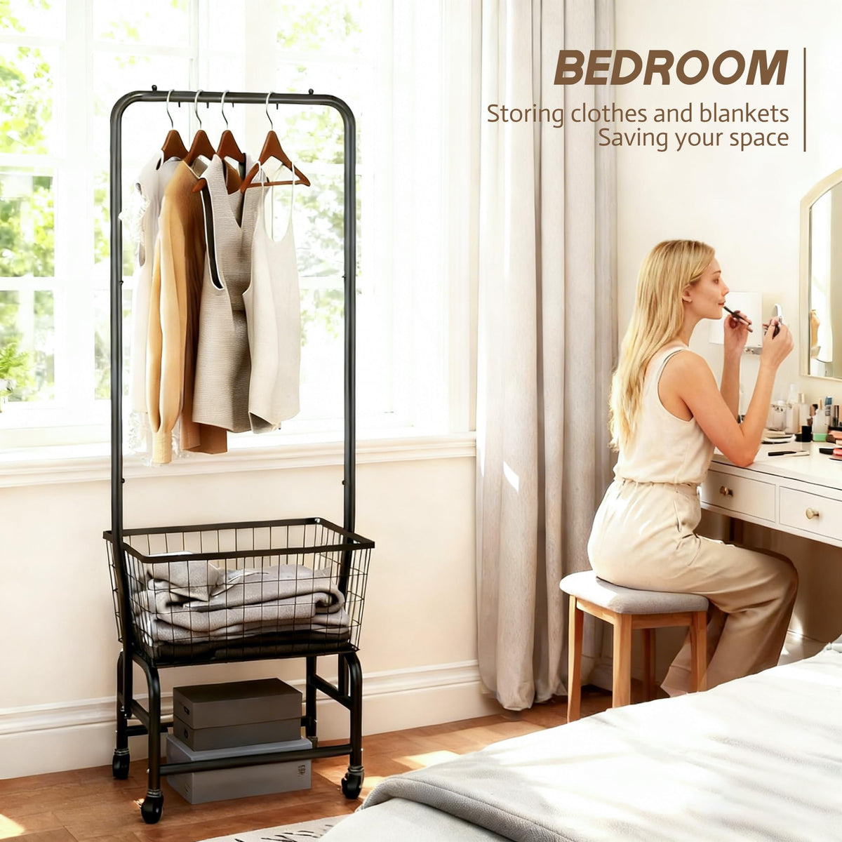 Black Rolling Laundry Cart with Hanging Rack A862498