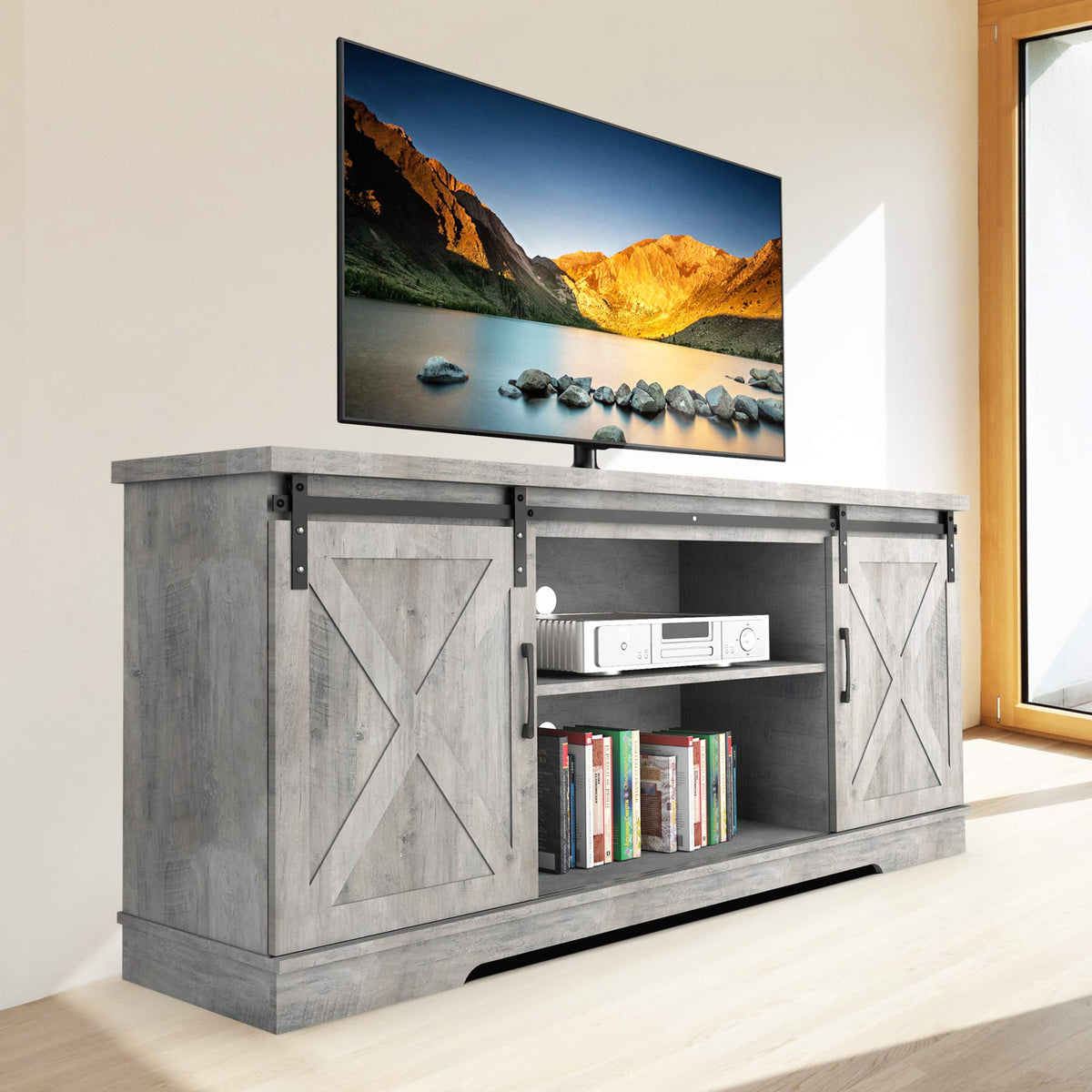 65 Inch Oak TV Stand with Storage Cabinet V57549