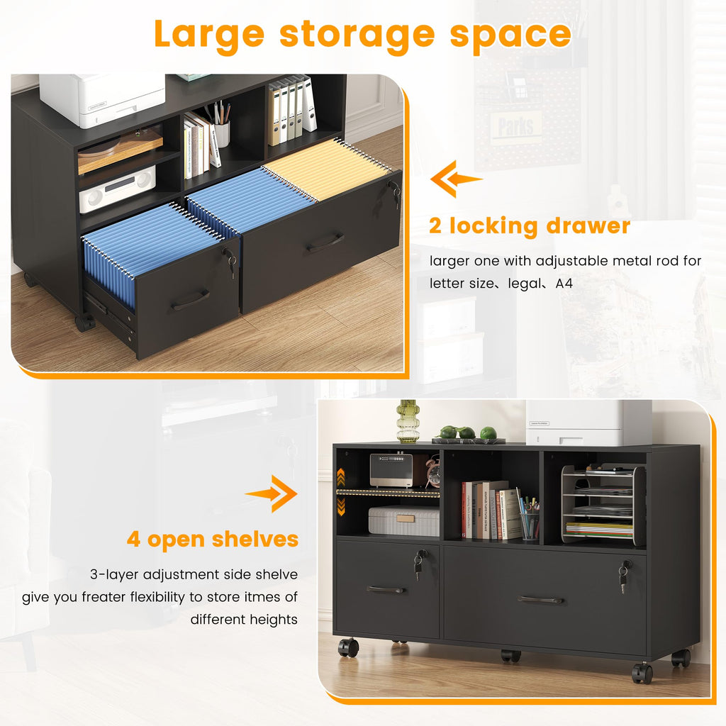 2 Drawer Wood Mobile Lateral File Cabinet with Storage Shelves, Black G8038