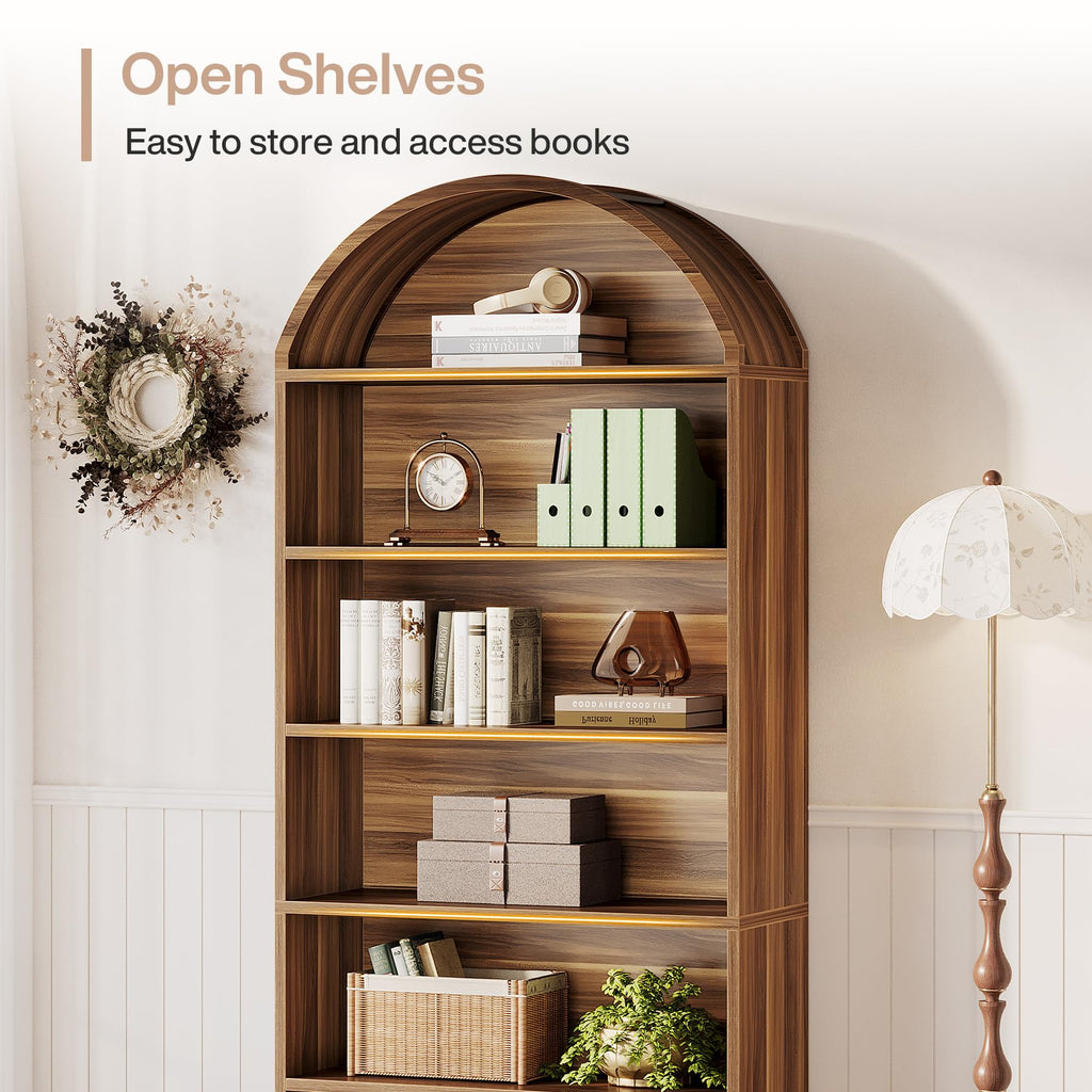 76.8" Tall Arched Bookcase with File Cabinet Drawer, Walnut Brown Y6349