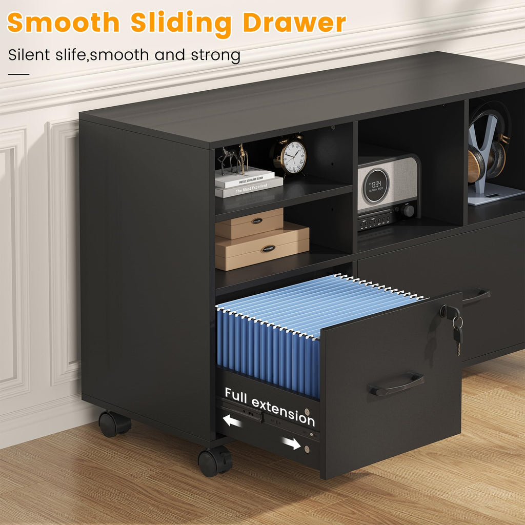 2 Drawer Wood Mobile Lateral File Cabinet with Storage Shelves, Black G8038