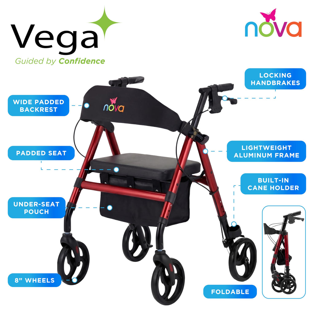 Lightweight Folding Rollator Walker with 8” Wheels, Adjustable Height, Hand Brakes, Padded Seat & Backrest, Red J787578