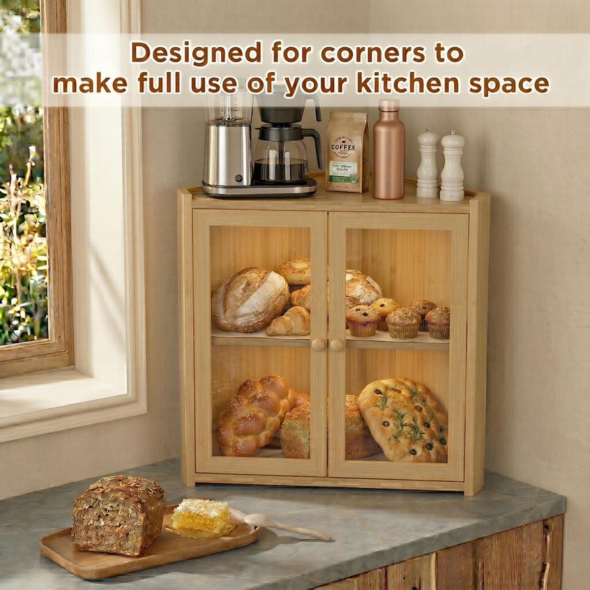 Double Layer Bamboo Bread Box with Clear Windows and Double Doors X243