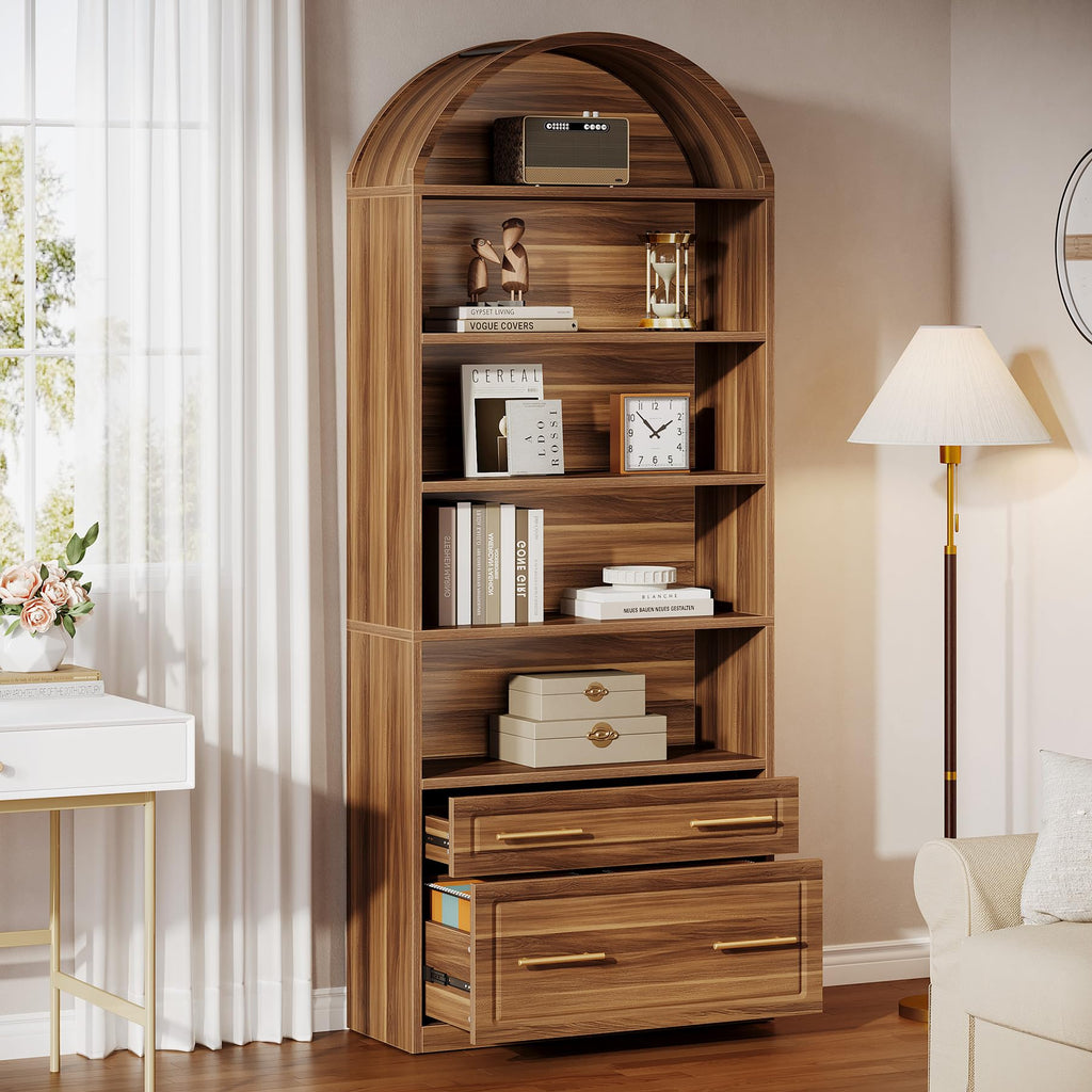 76.8" Tall Arched Bookcase with File Cabinet Drawer, Walnut Brown Y6349