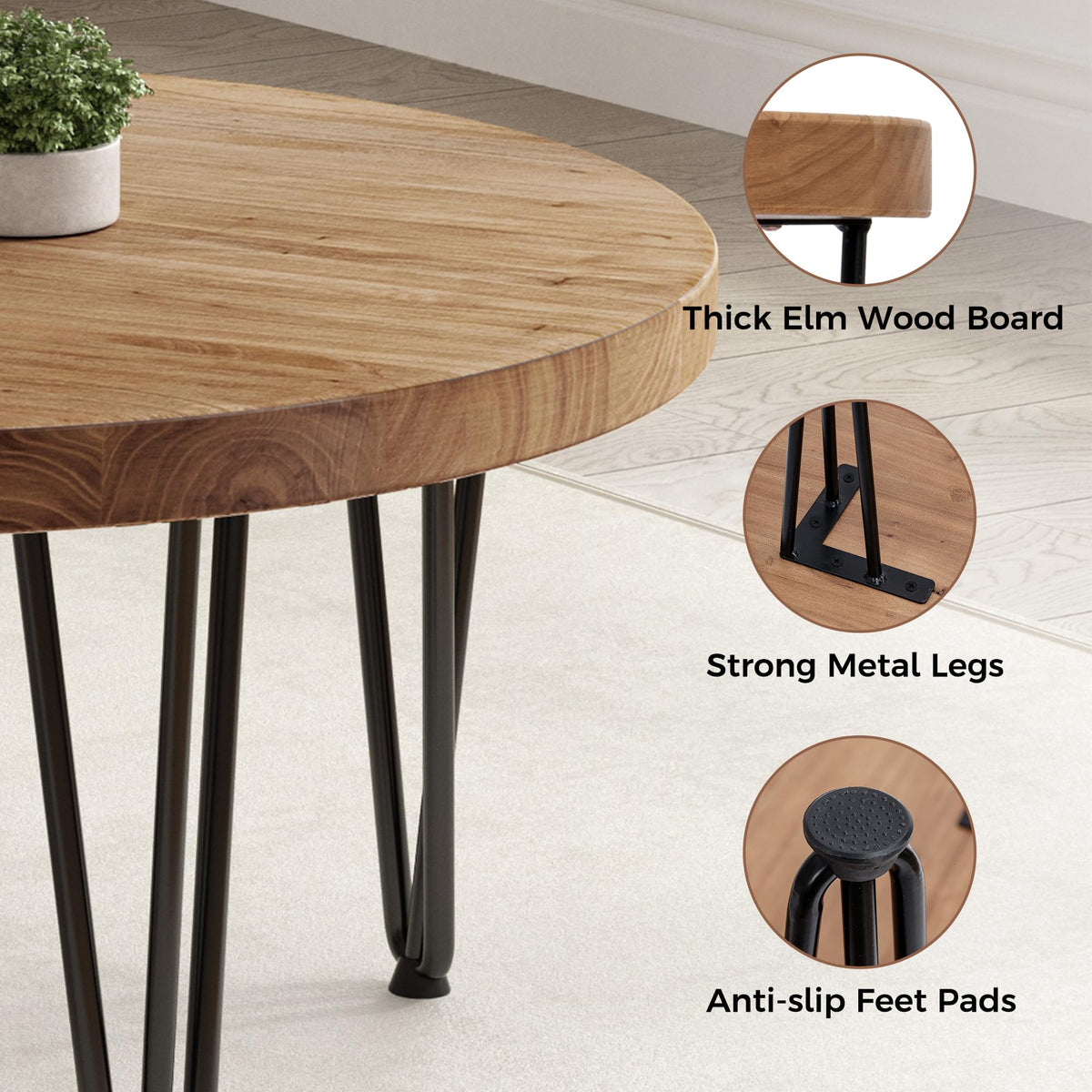 Rustic Wood Round Coffee Table with Metal Legs B658