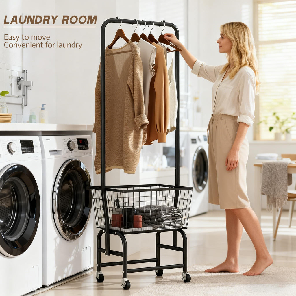 Black Rolling Laundry Cart with Hanging Rack A862498