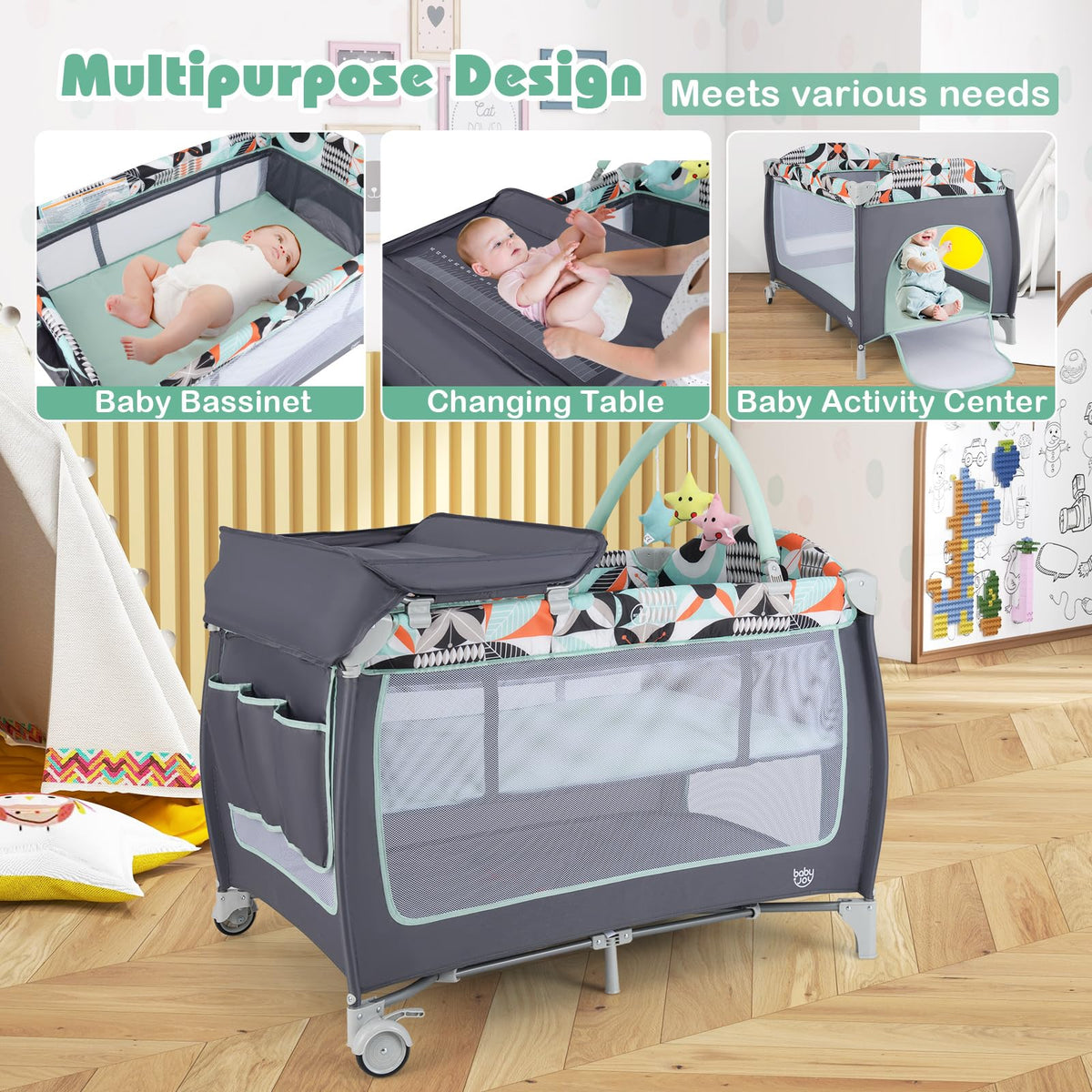 4 in 1 Pack and Play Portable Baby Playard with Bassinet D22288