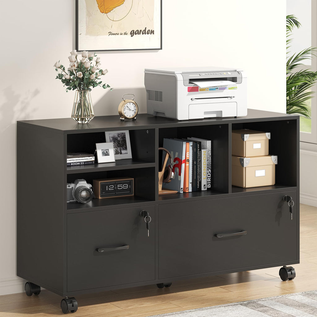 2 Drawer Wood Mobile Lateral File Cabinet with Storage Shelves, Black G8038