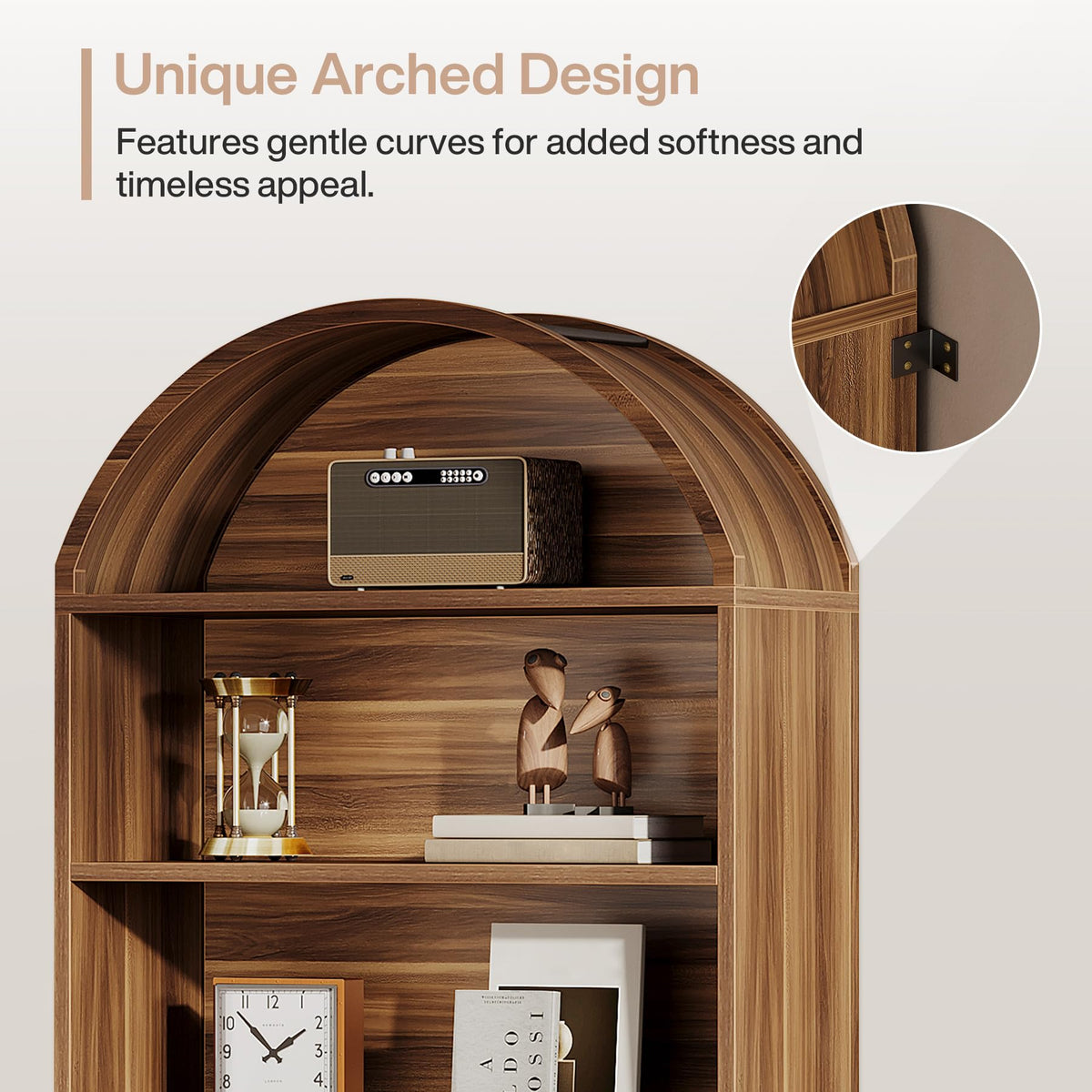 76.8" Tall Arched Bookcase with File Cabinet Drawer, Walnut Brown Y6349