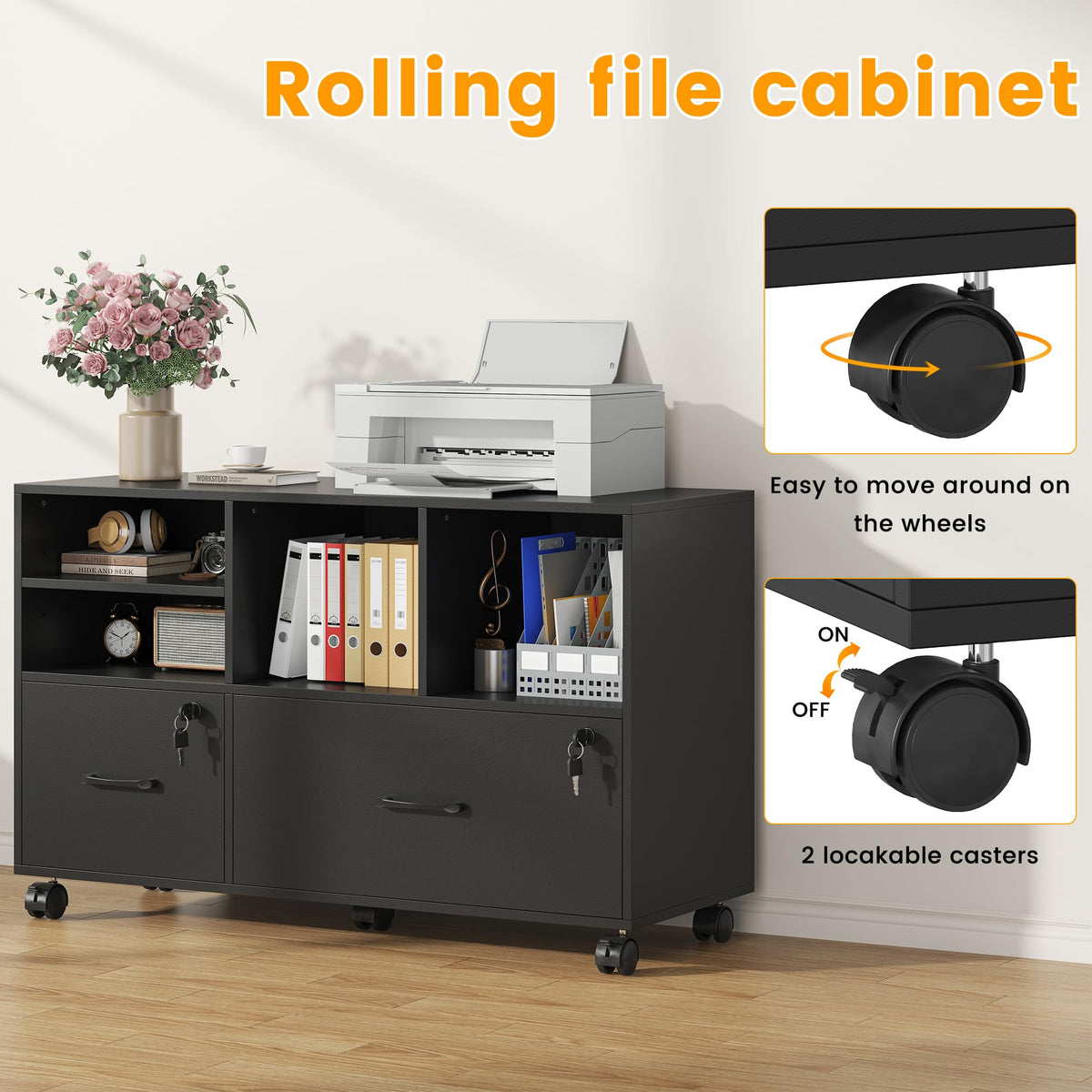 2 Drawer Wood Mobile Lateral File Cabinet with Storage Shelves, Black G8038