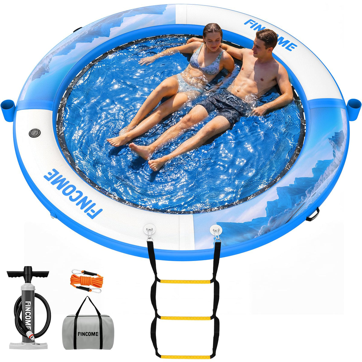 Inflatable Water Hammock Floating Dock 8FT Round with Water Ladder and Cup Holder Light Blue V595442