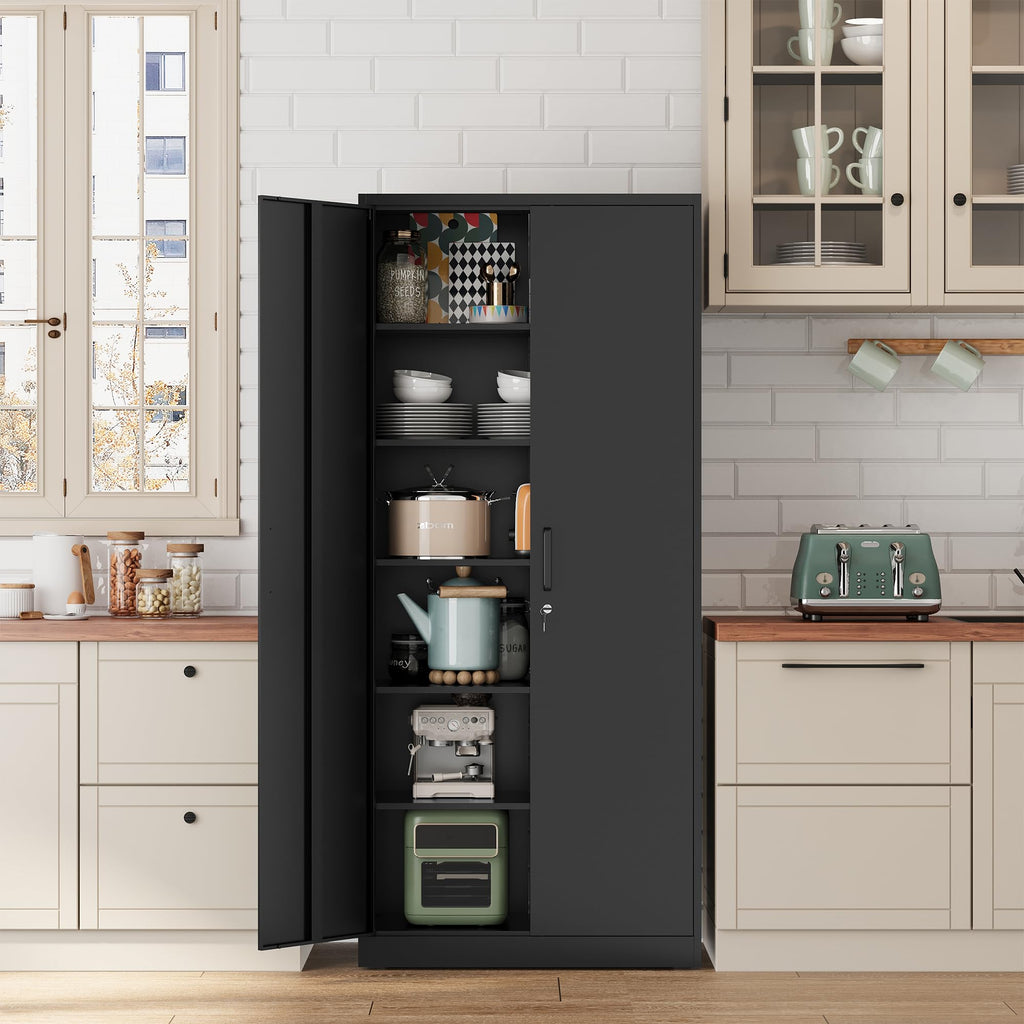 71” Tall Black Steel Storage Cabinet with Lockable Doors and Adjustable Shelves H85735