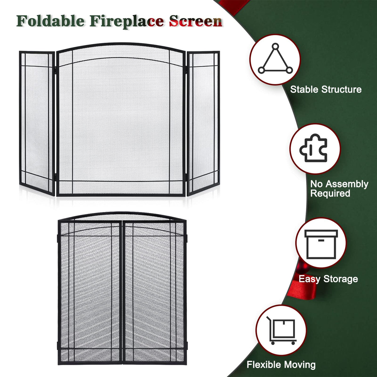 3 Panel 48" W x 29" H Foldable Wrought Metal Decorative Mesh Fireplace Screen T8040