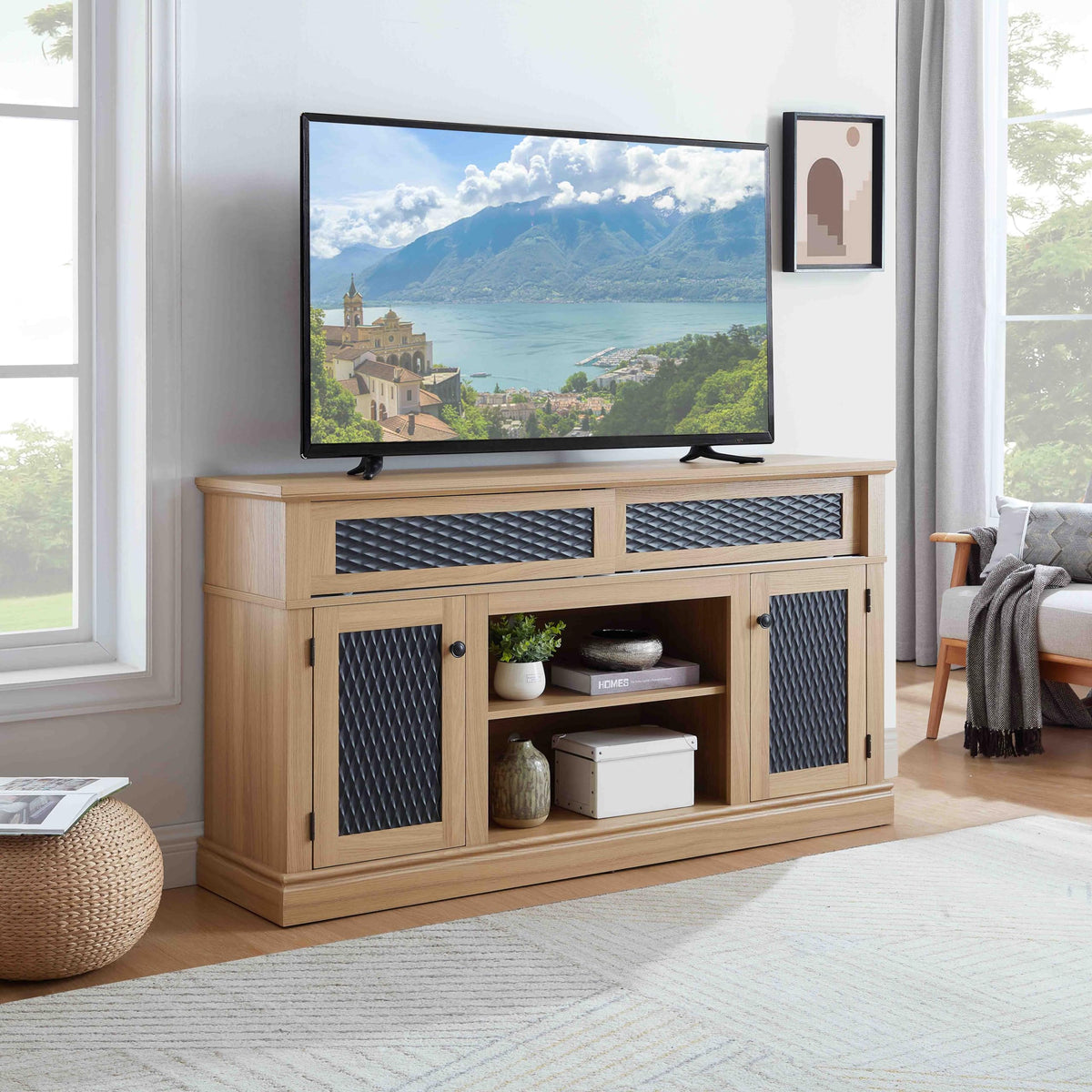 58 Inch Light Oak TV Stand with Sliding Doors N94060