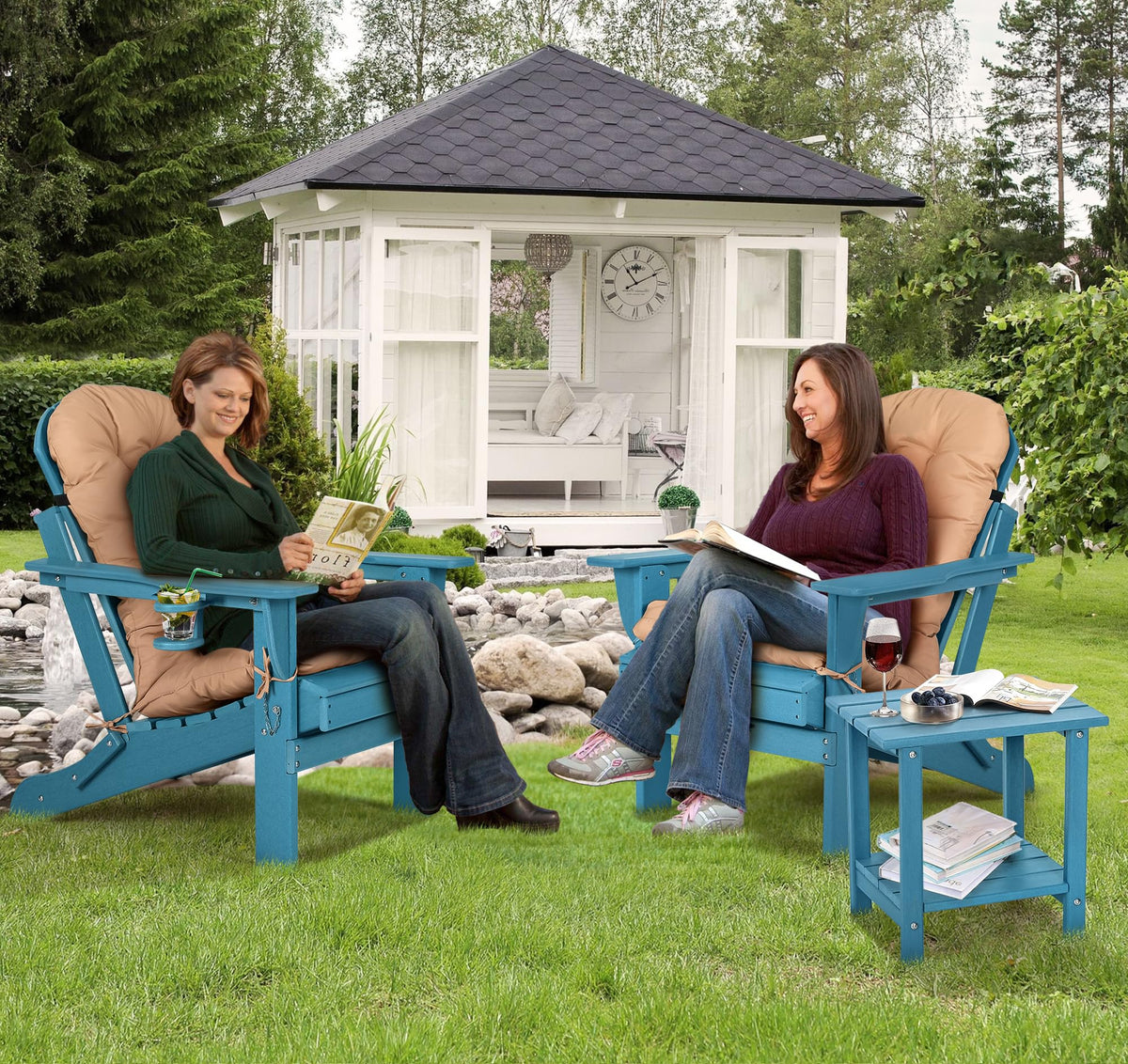 Folding Adirondack Chairs Set of 2 with Cushion, Blue HDPE Plastic Oversized Patio Chair Z42744