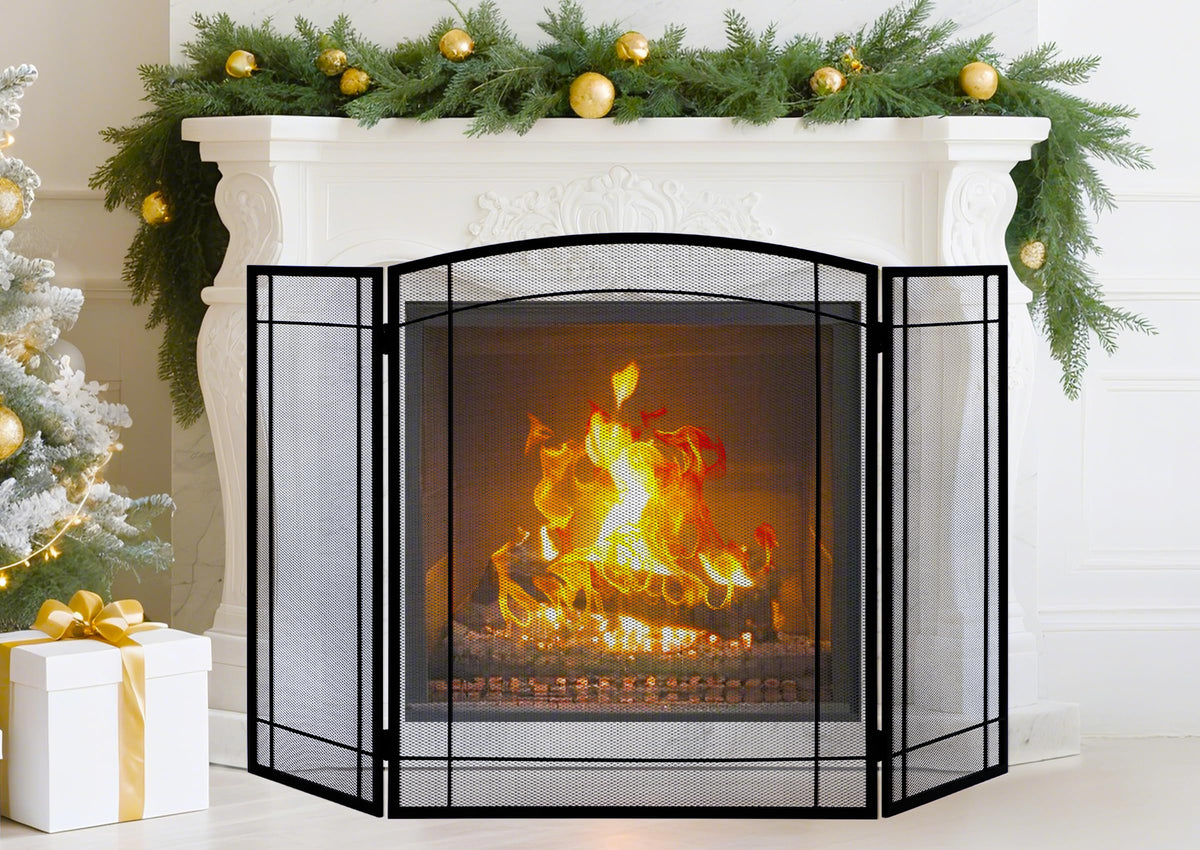 3 Panel 48" W x 29" H Foldable Wrought Metal Decorative Mesh Fireplace Screen T8040