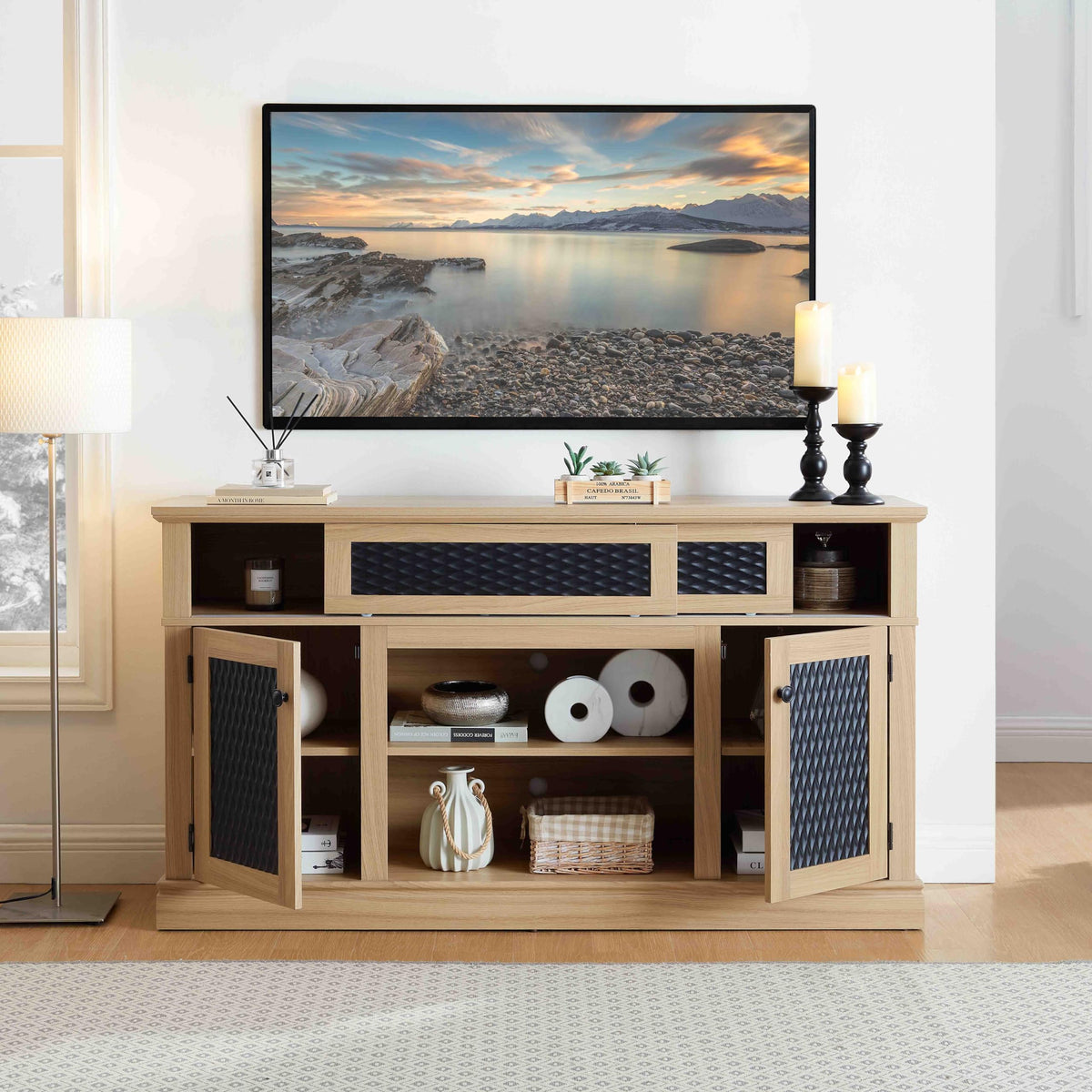 58 Inch Light Oak TV Stand with Sliding Doors N94060