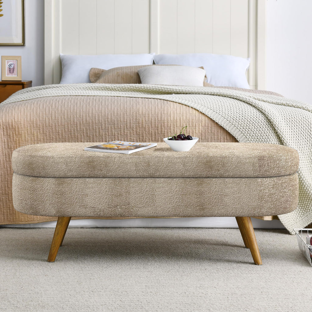 43.5" Oval Upholstered Storage Bench with Rubber Wood Legs P347634