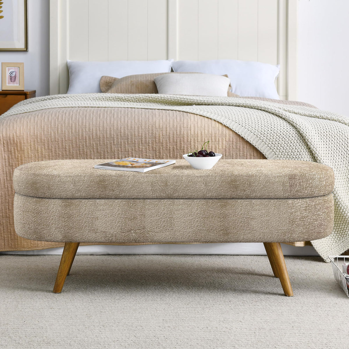 43.5" Oval Upholstered Storage Bench with Rubber Wood Legs P347634