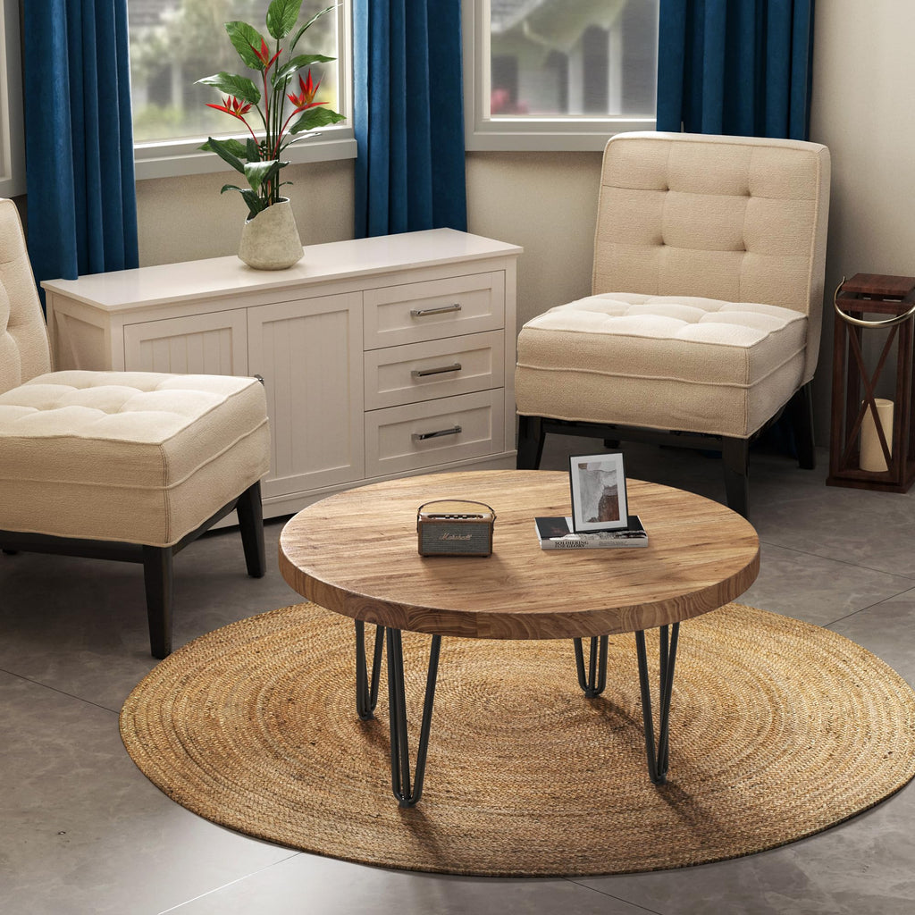 Rustic Wood Round Coffee Table with Metal Legs B658