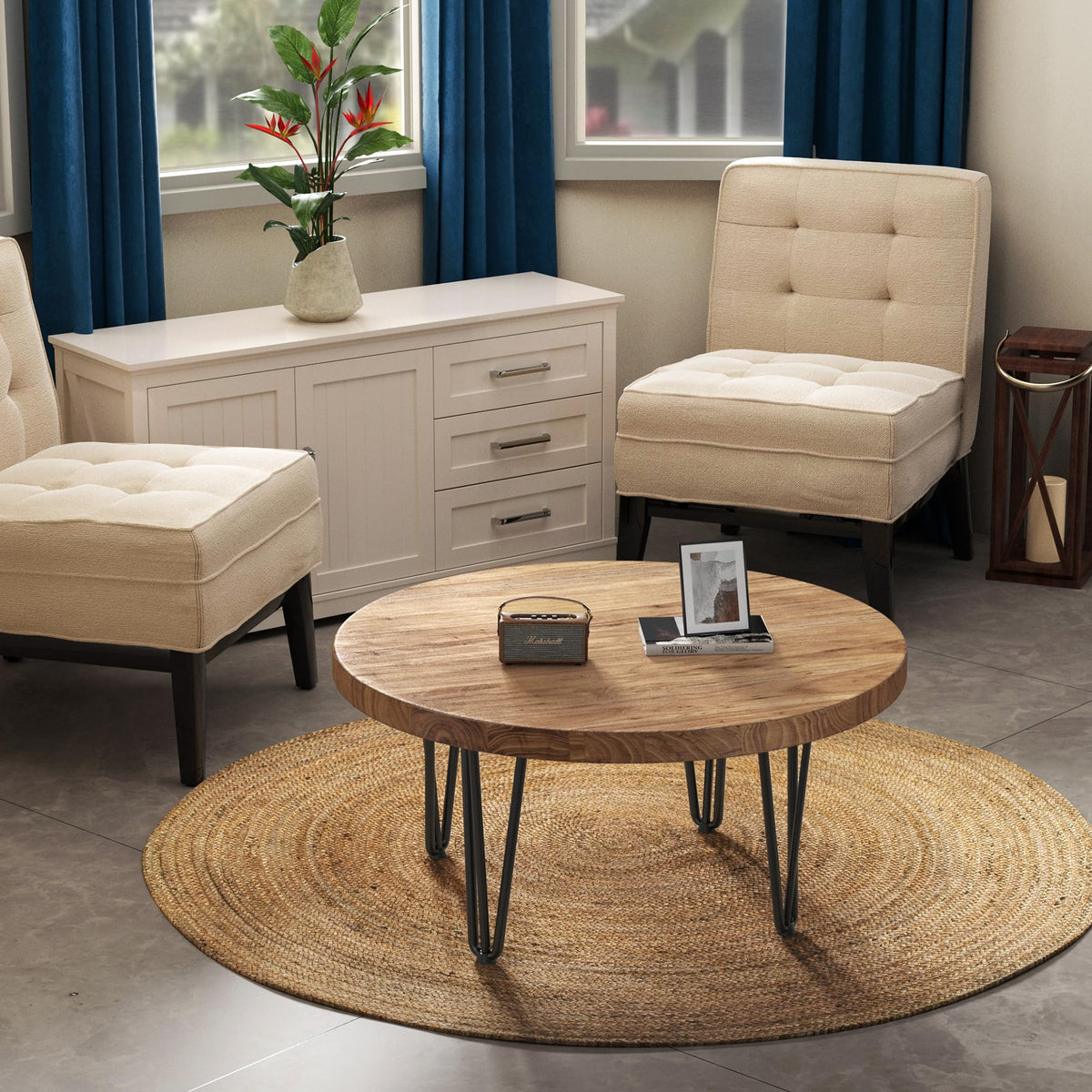 Rustic Wood Round Coffee Table with Metal Legs B658