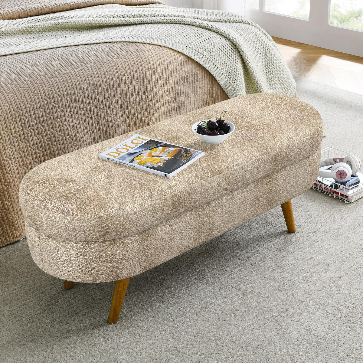 43.5" Oval Upholstered Storage Bench with Rubber Wood Legs P347634